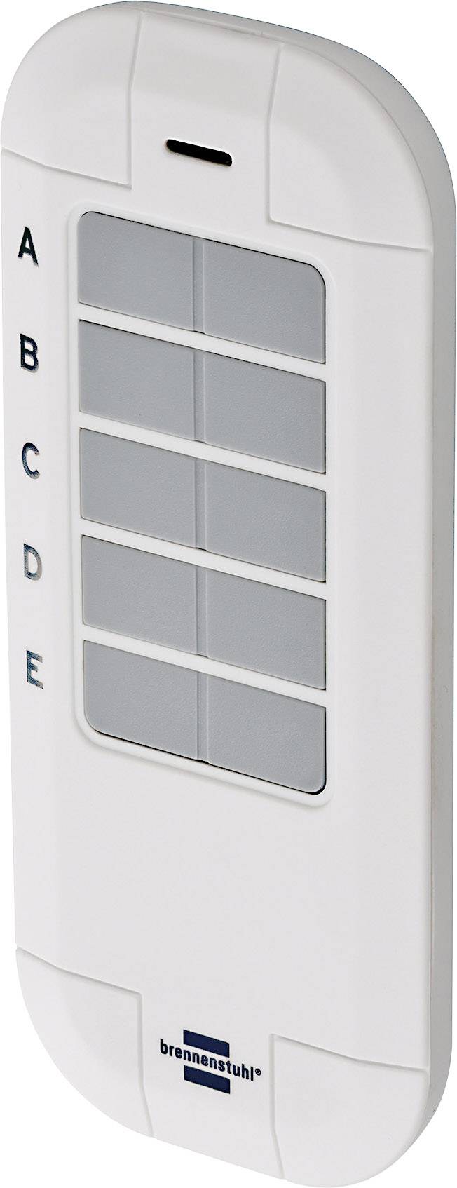 Télécommande avec cinq touches argentées, étiquetées 'A', 'B', 'C', 'D', 'E'. Logo en bas. Coloris blanc.