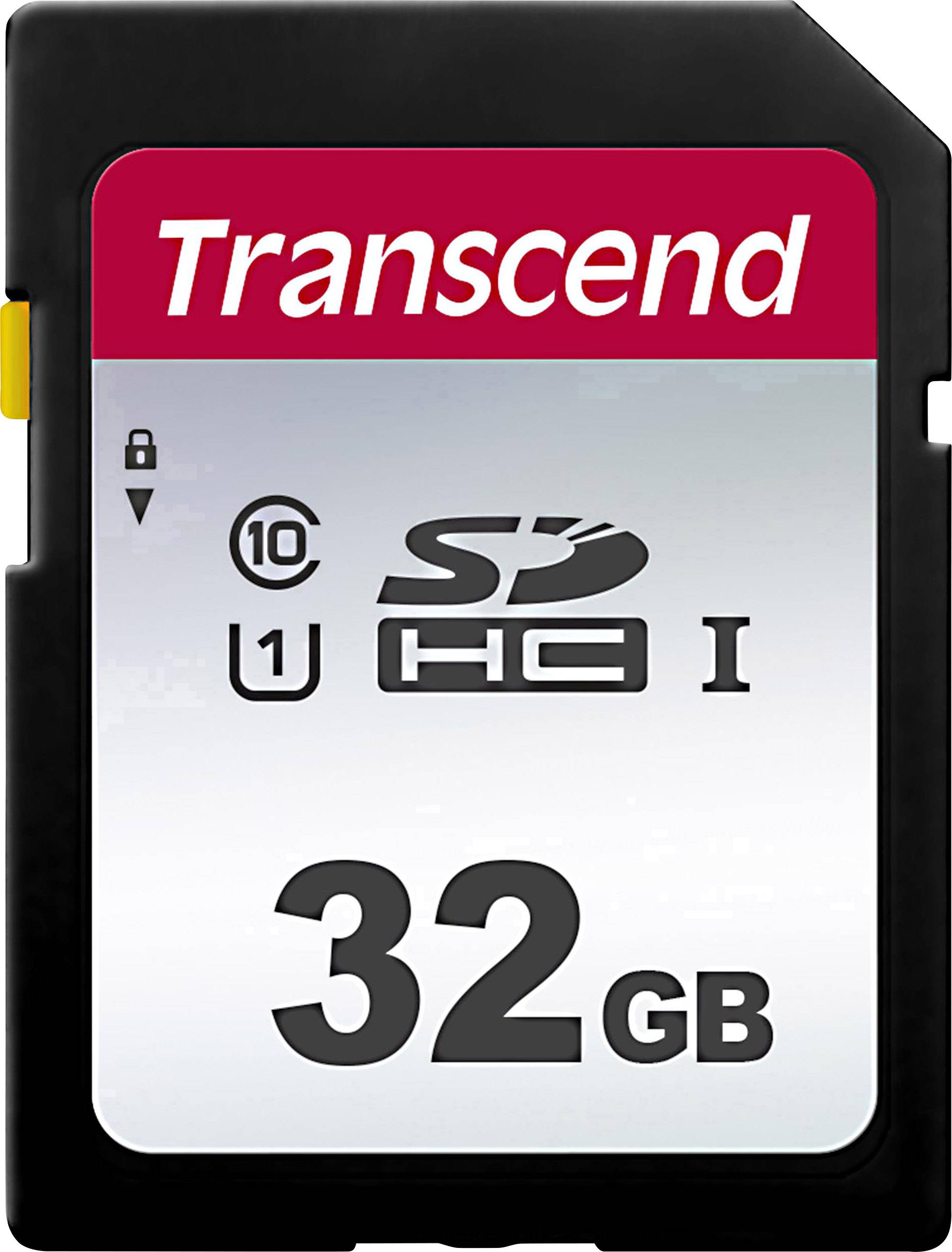 Carte mémoire de 32 Go de marque Transcend. Contient des symboles de vitesse et de compatibilité.