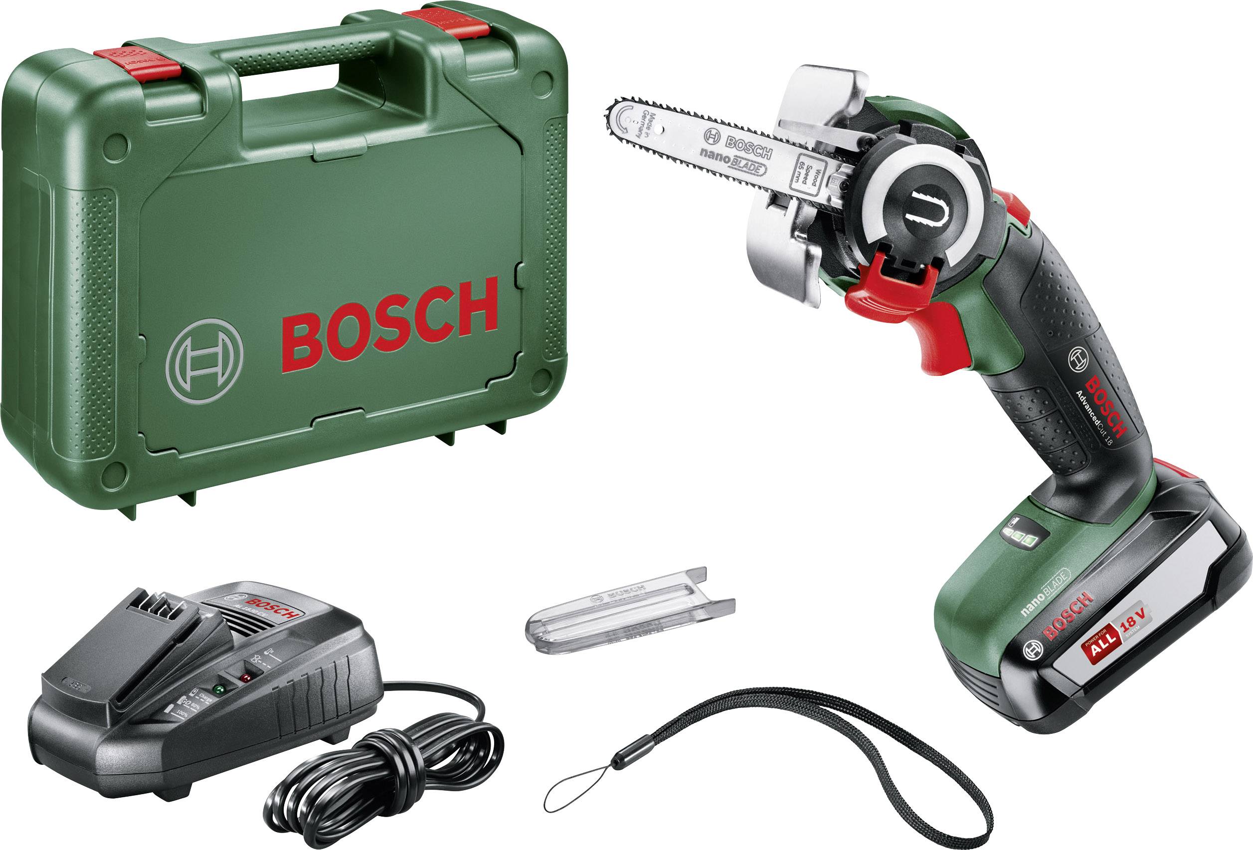Ensemble de scie à chaîne avec boîte verte Bosch, chargeur, scie avec chaîne, batterie, lame et courroie. Idéal pour les projets de bricolage.