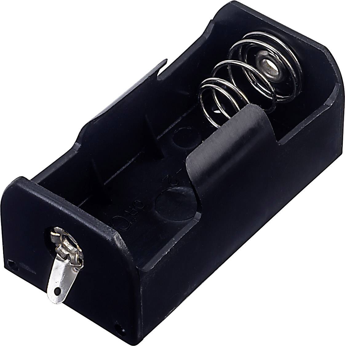 Support de pile noir pour une pile AA avec ressort à droite et contact métallique à gauche, adapté aux appareils électroniques.
