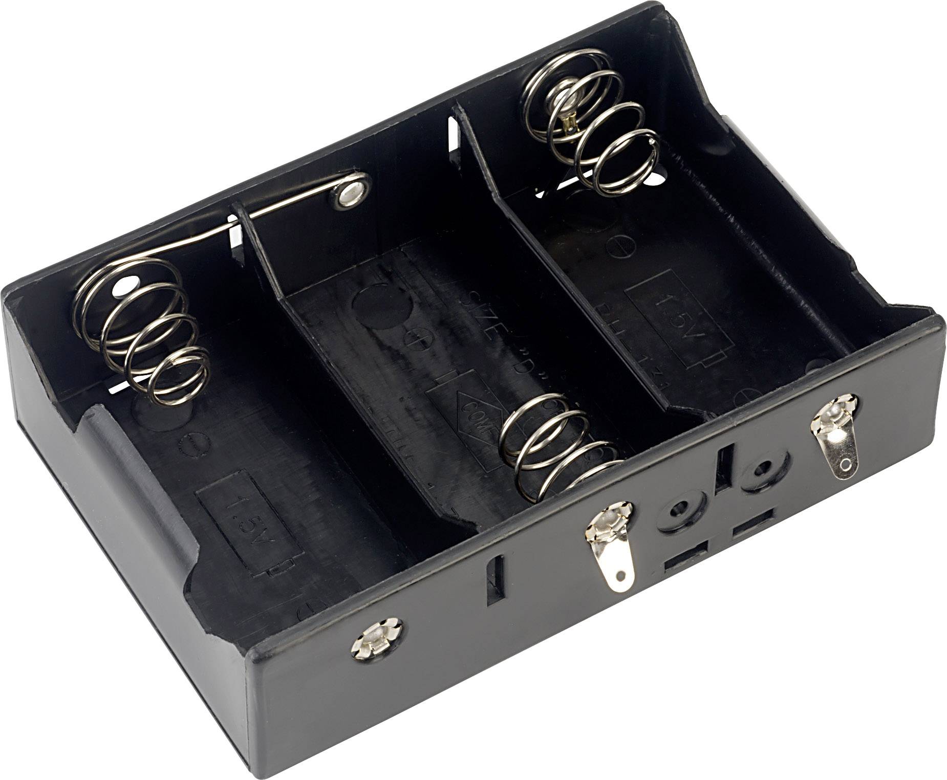 Support de piles pour trois piles AA avec ressorts intégrés pour une fixation sécurisée des piles. Boîtier en plastique noir.