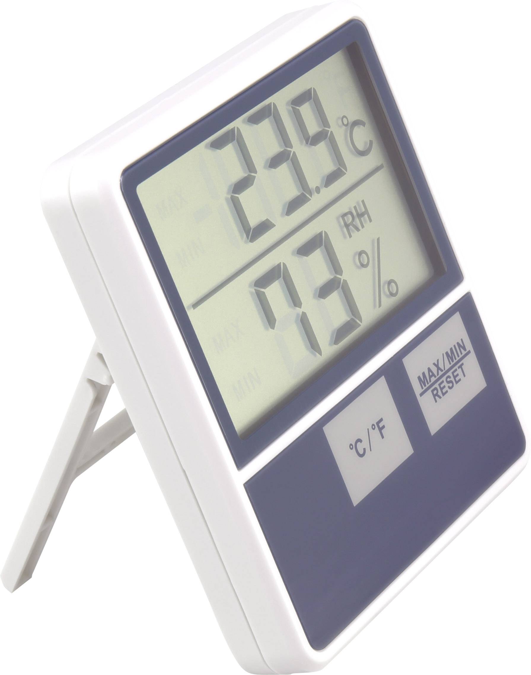 Thermomètre et hygromètre numériques sur un support, affichant 23,9°C et 73% d'humidité relative.
