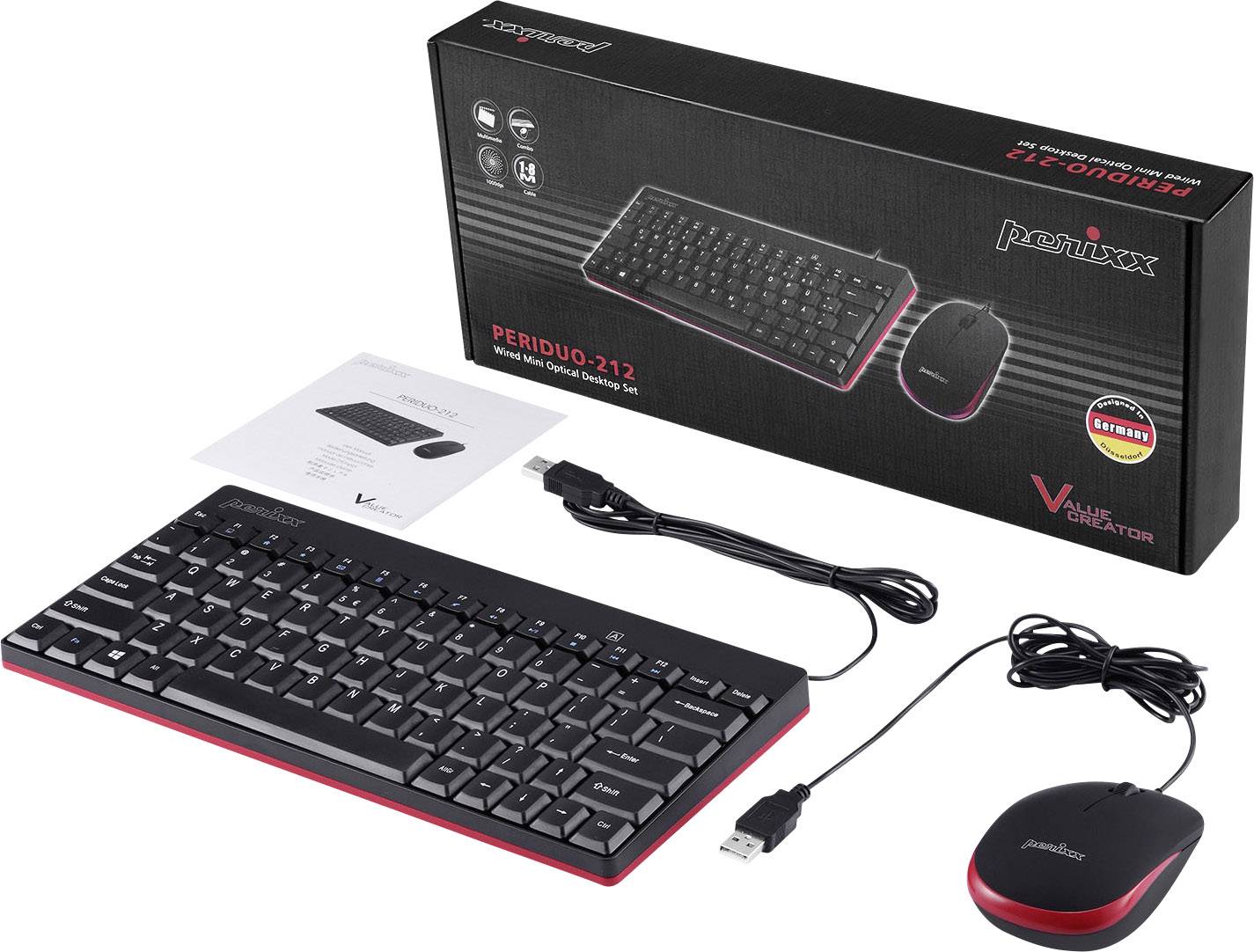 Perixx PERIDUO-212 USB Kit souris + clavier allemand, QWERTZ noir, rouge
