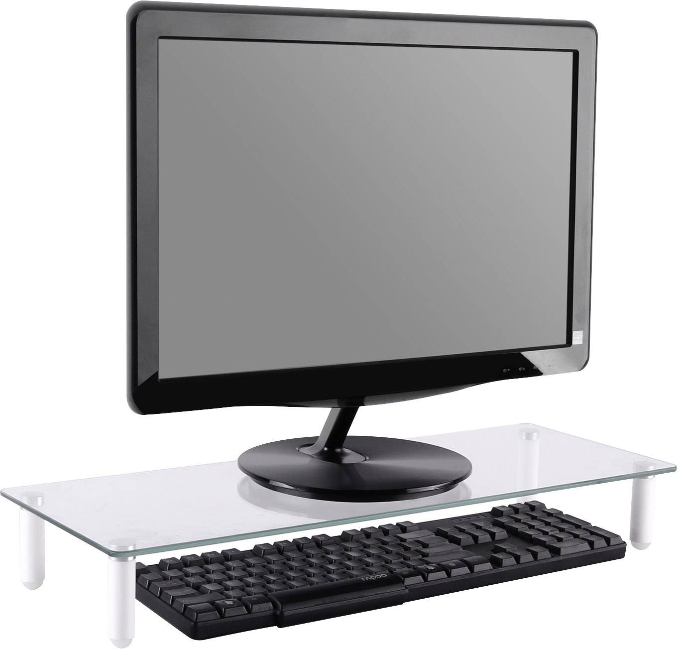 Un écran d'ordinateur noir sur un support de stylos en verre, avec un clavier en dessous. L'écran est éteint.