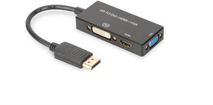 Un adaptateur avec une fiche DisplayPort, connecté à des ports HDMI, DVI et VGA. Il permet de brancher différents types d'écrans.