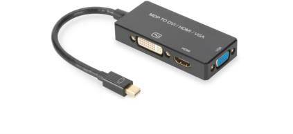 Adaptateur noir avec port Mini-DisplayPort et sorties DVI, HDMI et VGA.