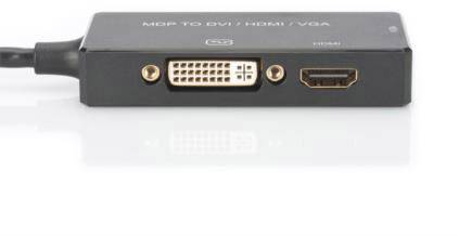 Adaptateur Mini DisplayPort vers DVI, HDMI et VGA avec connexions pour liaisons vidéo numériques et analogiques.