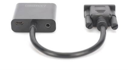 Adaptateur HDMI vers VGA avec port audio, design compact avec câble court, adapté pour les transmissions vidéo et audio.