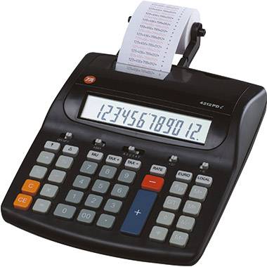 Calculatrice électronique avec fonction d'impression, affichant la séquence de nombres de 1 à 12 sur l'écran, rouleau de papier inséré, touches noires.