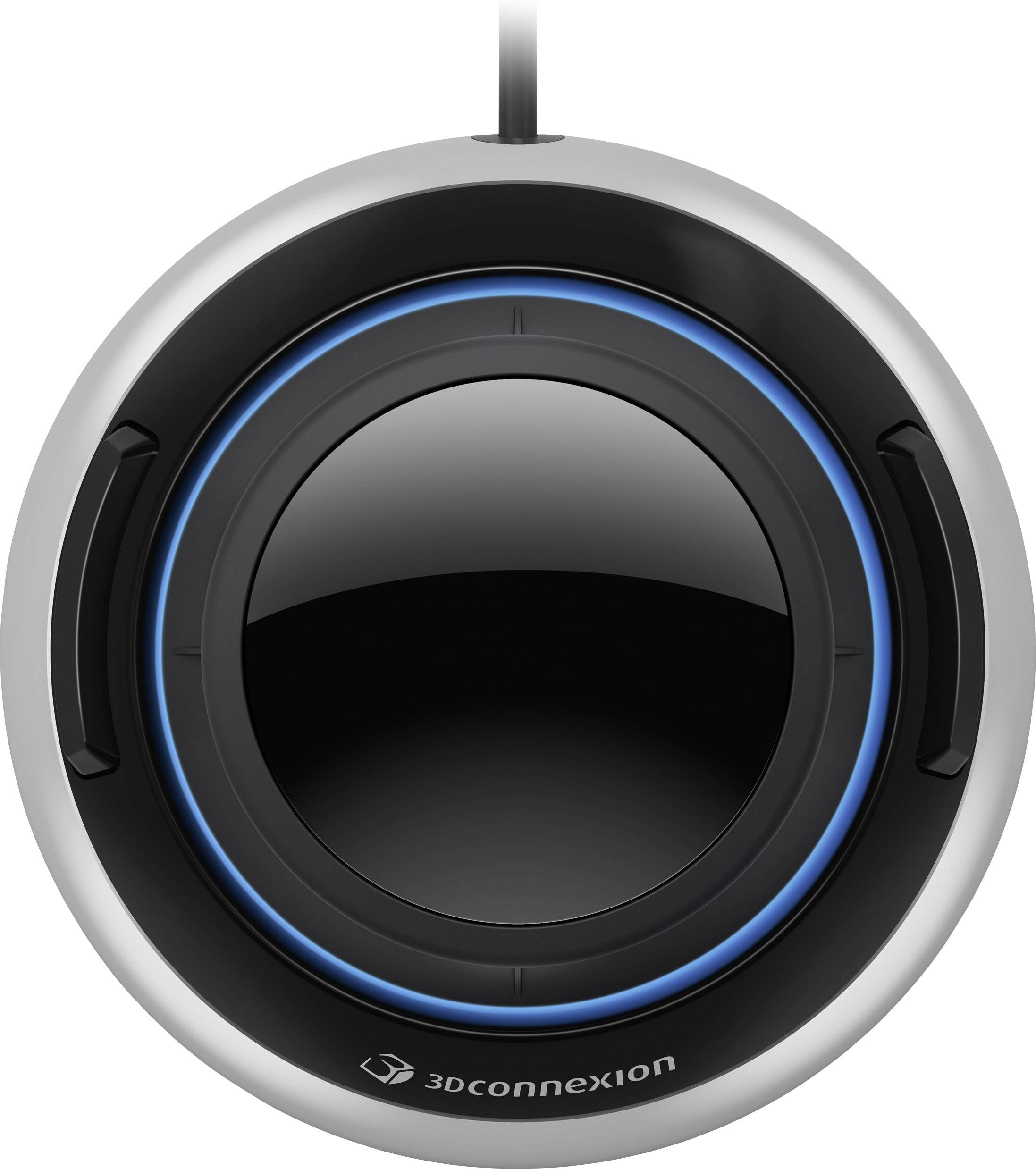 Un dispositif d'entrée circulaire noir et argenté avec un bouton central rotatif et un éclairage LED bleu. Adapté pour la modélisation 3D.
