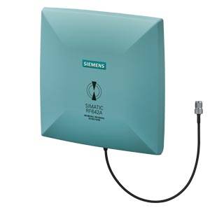 Un lecteur RFID carré de couleur turquoise de la marque Siemens, modèle RF642A. Un câble est connecté sur le côté droit de l'appareil.