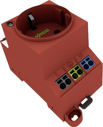 Prise électrique rouge avec bornes et étiquettes pour phases, conducteur neutre et terre. Marquée 'WAGO'.