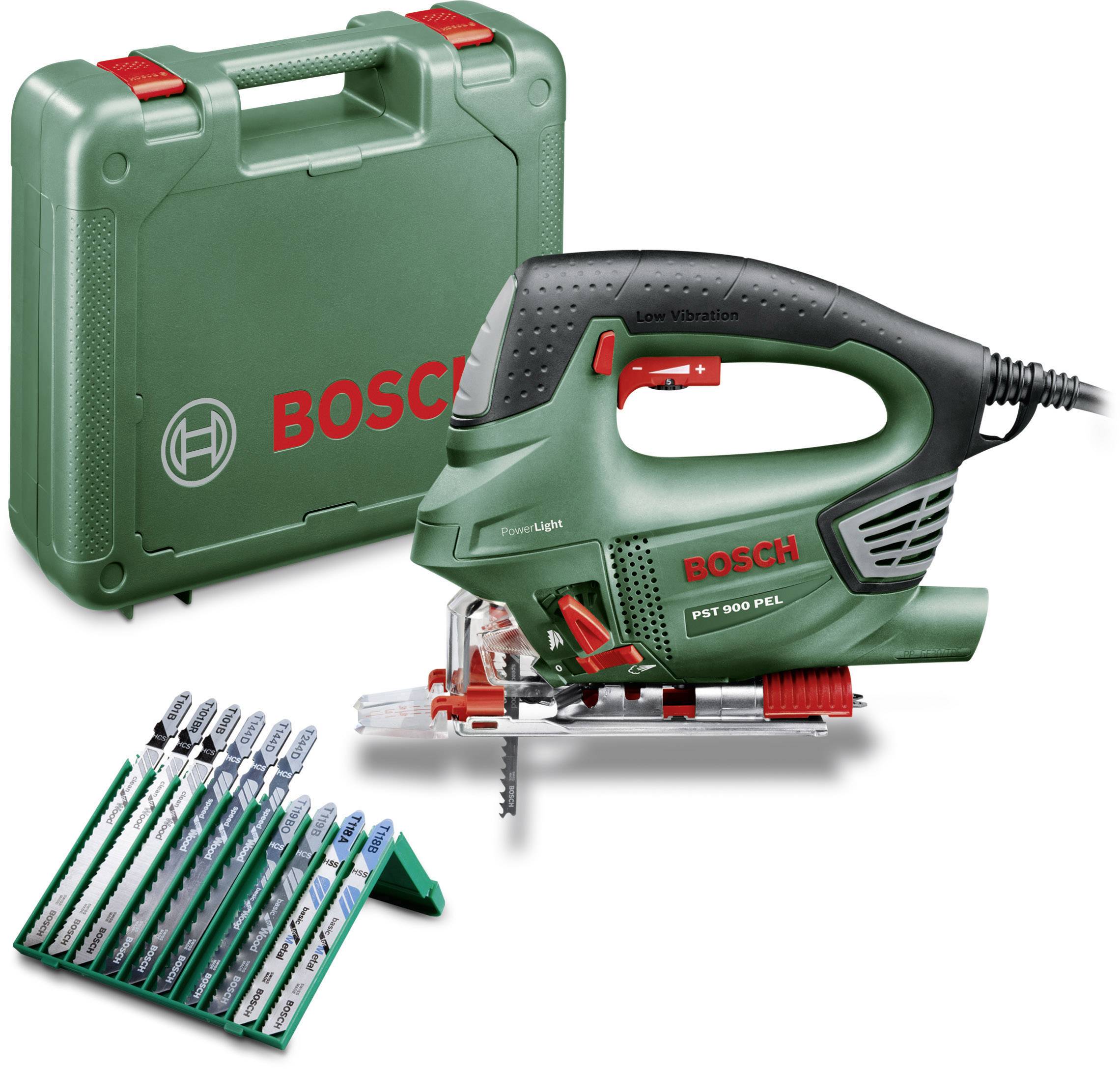 Scie sauteuse verte Bosch avec mallette et dix lames de rechange.