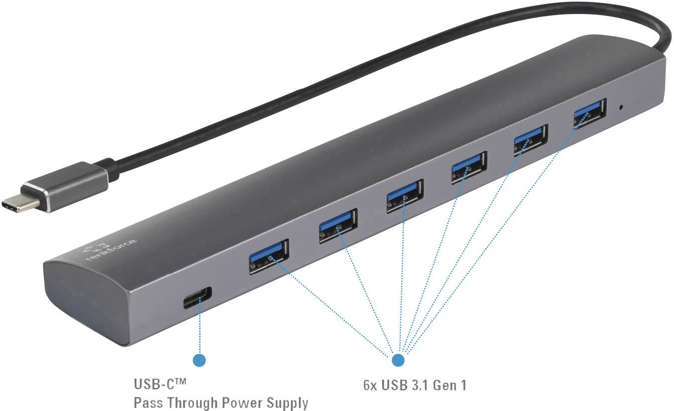 Hub USB 3.1 Gen 1 Renkforce 6+1 ports avec prise Pass-Through, boîtier en aluminium argent