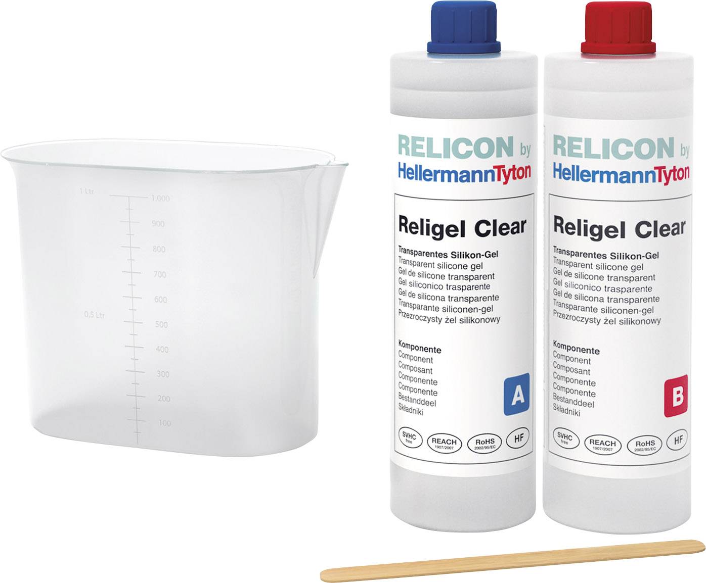 Deux bouteilles de Relicon Religel Clear, composants A et B, avec gobelet mélangeur et bâtonnet en bois. Utilisé pour la fabrication de gel de silicone.