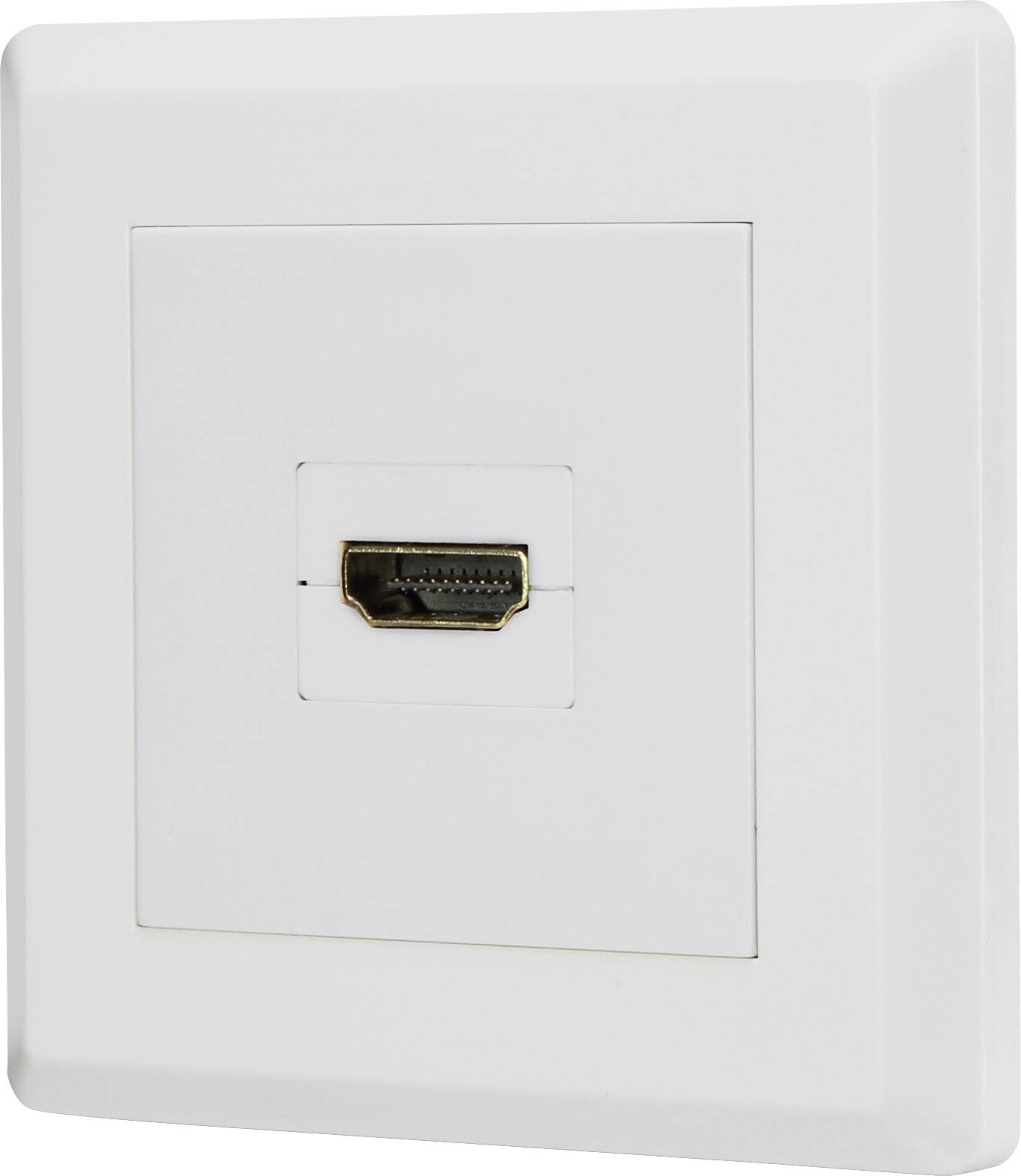 Prise murale blanche avec une connexion HDMI au centre, utilisée pour brancher des câbles HDMI transmettant des signaux audio et vidéo.