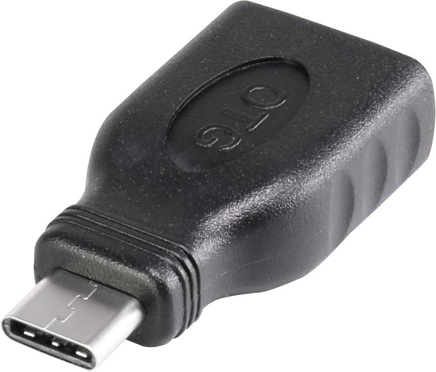 Un adaptateur OTG USB-C noir avec boîtier en plastique permet de connecter des appareils USB-C à d'autres périphériques USB pour l'échange de données.