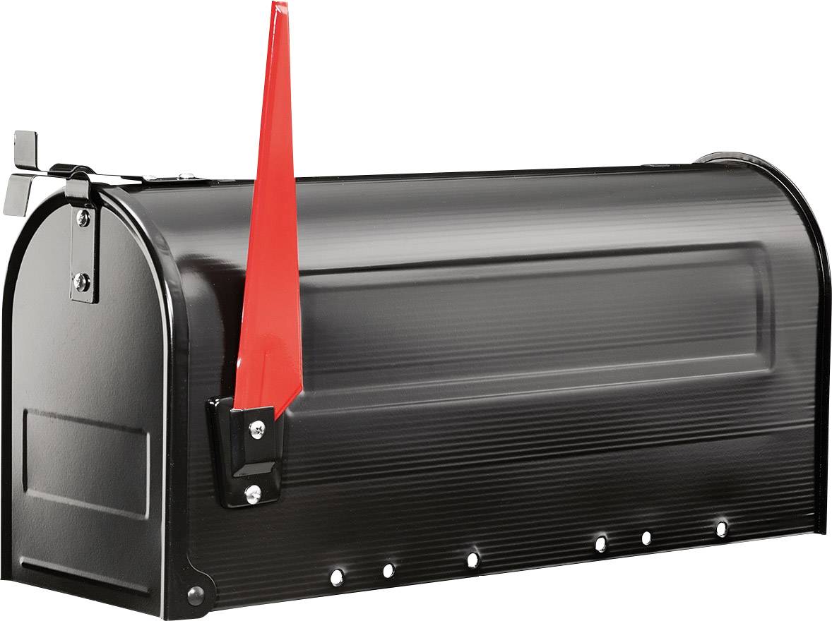 Boîte aux lettres noire avec un drapeau rouge relevé, indiquant qu'un nouveau courrier est prêt à être relevé.