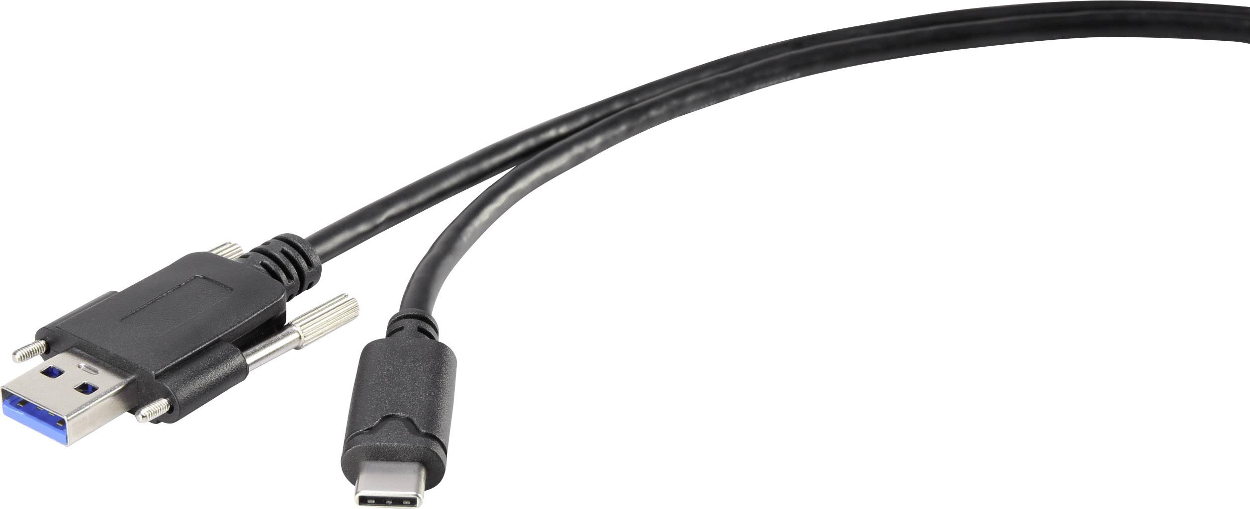 Un câble USB avec connecteurs USB-C et USB-A. Le connecteur USB-A présente des contacts bleus, indiquant une compatibilité USB 3.0.