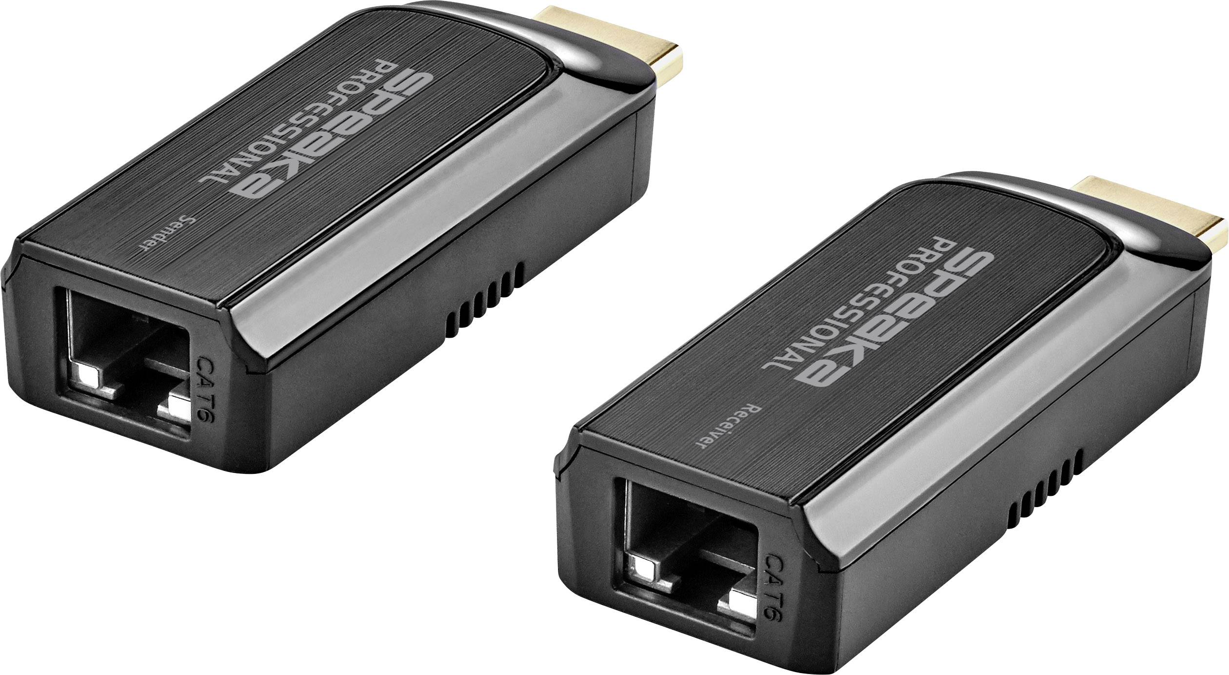 Deux adaptateurs HDMI noirs, étiquetés 'SPEAKA PROFESSIONAL', montrent les ports HDMI et Ethernet.