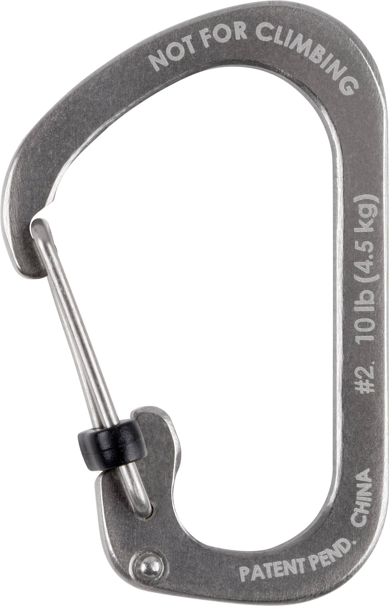 Un mousqueton argenté portant l'inscription 'NOT FOR CLIMBING' et '10 lb (4,5 kg)'. Adapté pour les objets légers, non destiné à l'escalade.
