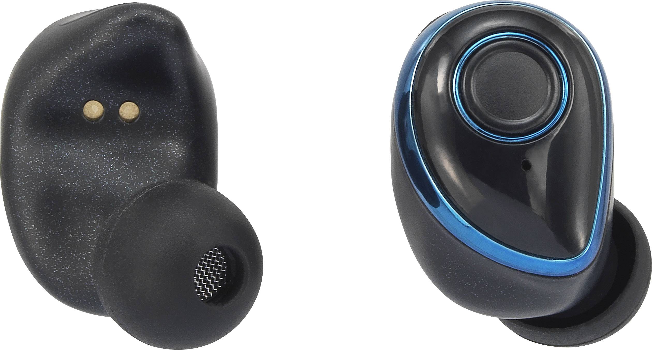 Deux écouteurs sans fil noirs avec des touches bleues ; l'un montre le devant avec le bouton, l'autre le dos avec les contacts de charge.