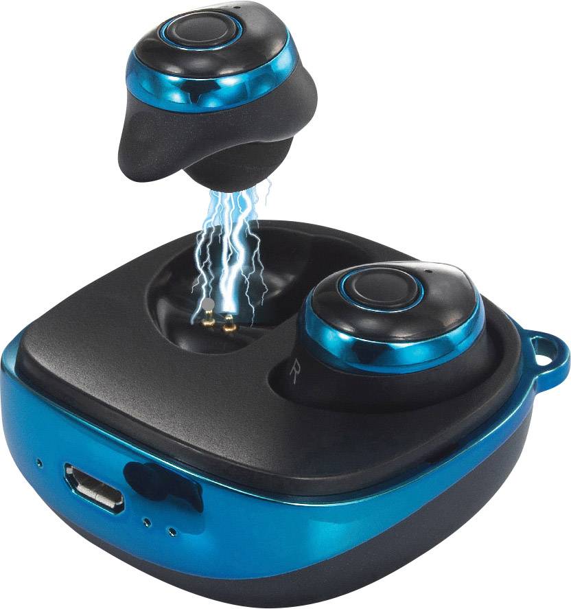 Des écouteurs sans fil bleus dans un boîtier de charge noir ; l'écouteur gauche flotte au-dessus avec des effets de foudre dynamiques.