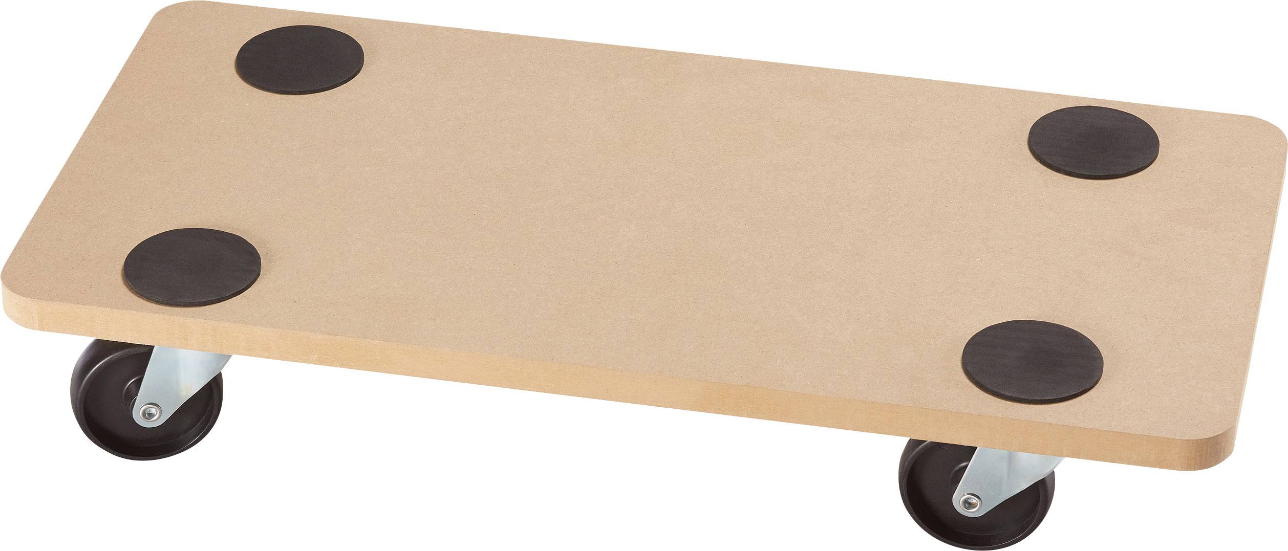 Un chariot de transport rectangulaire avec un plateau en bois et des surfaces en caoutchouc noir aux coins, monté sur roulettes, adapté au transport de meubles.