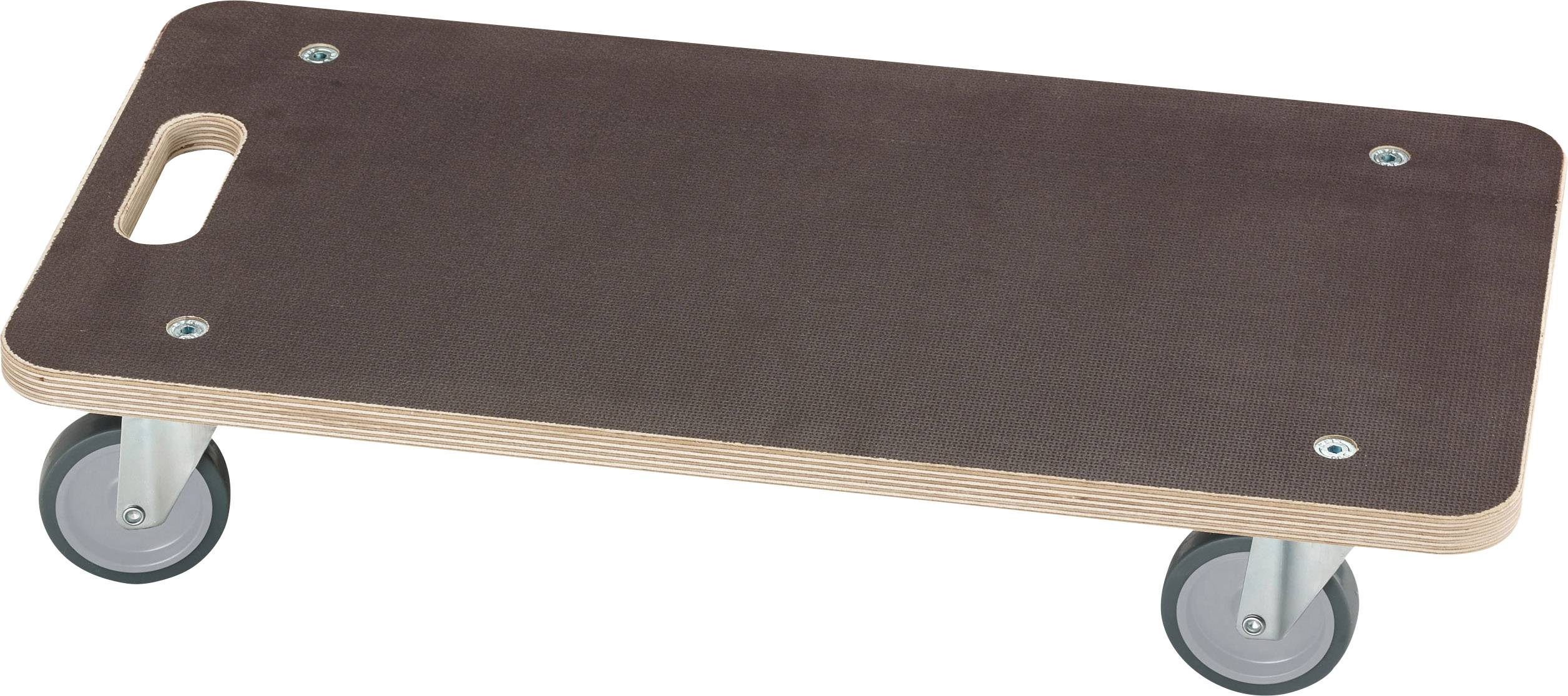 Chariot de transport en bois à quatre roues avec un trou de préhension pour un transport facile.