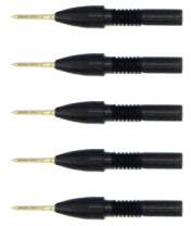 Cinq outils de précision noirs radiaux avec des pointes dorées, disposés en ligne verticale.