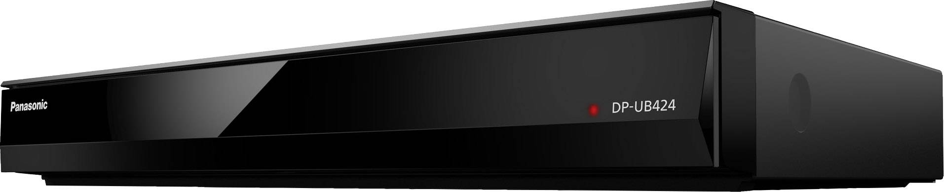 Lecteur Blu-ray Panasonic noir, modèle DP-UB424, avec voyant de fonctionnement rouge. Appareil de conception simple et moderne.
