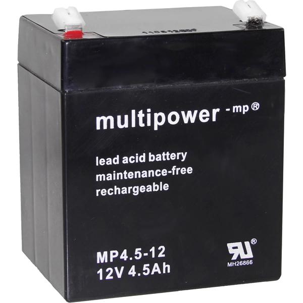 Batterie au plomb 12 V 4.5 Ah multipower PB-12-4,5-4,8 plomb (AGM) (l x H x P) 90 x 107 x 70 mm cosses plates 4,8 mm sans Batterie au plomb 12 V 4.5 Ah multipower PB-12-4,5-4,8 plomb (AGM) (l x H x P) 90 x 107 x 70 mm cosses plates 4,8 mm sans