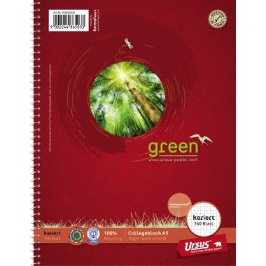 Couverture de cahier de collège rouge avec une image circulaire d'une forêt. Texte : 'vert, quadrillé, 160 pages, 100% recyclé'. Logo de la marque en bas à droite.