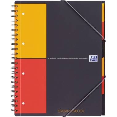 Un carnet noir à spirale, avec une fermeture élastique et un design orange et jaune. Texte sur la couverture : 'ORGANISEDBOOK'.