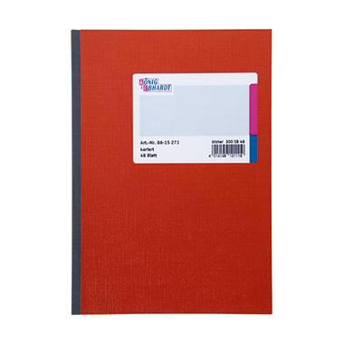 Un cahier à carreaux rouges avec une bande dorsale noire. L'étiquette indique 'König & Ebhardt' et contient 48 feuilles.