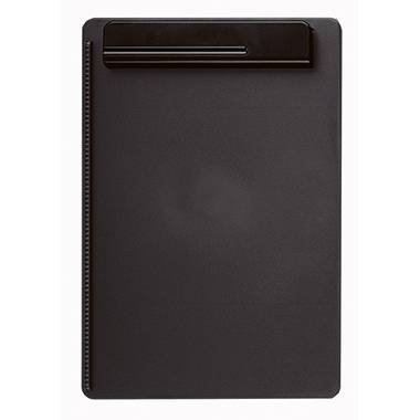 Un porte-bloc noir avec une pince noire en haut, sur un fond blanc.