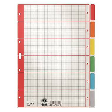 Feuille de registre avec six onglets colorés, numérotés de 1 à 6. Chaque onglet est d'une couleur différente : rouge, jaune, vert, bleu, violet et orange.