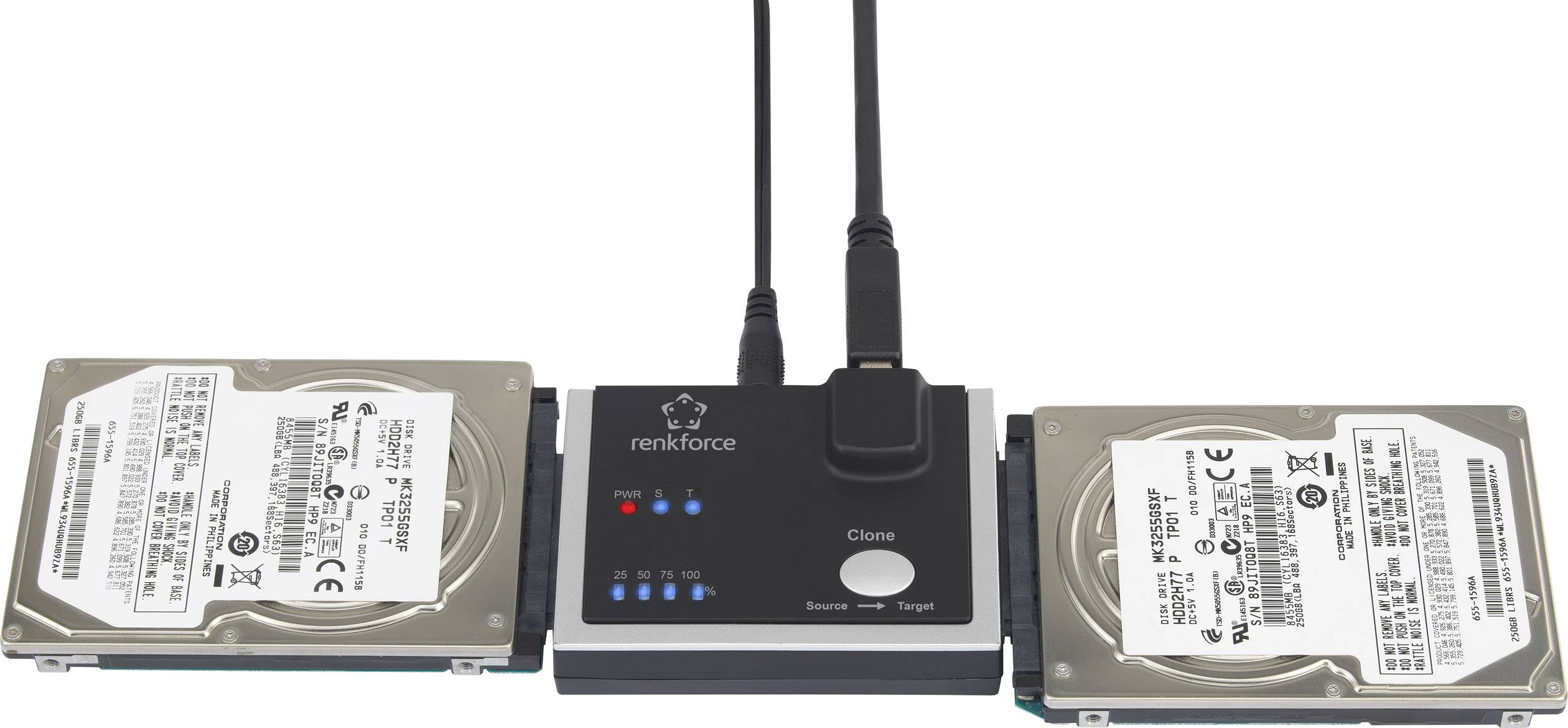 Station d'accueil pour disques durs avec deux disques durs connectés, prête pour le transfert de données, montrant les voyants d'état et les commandes.