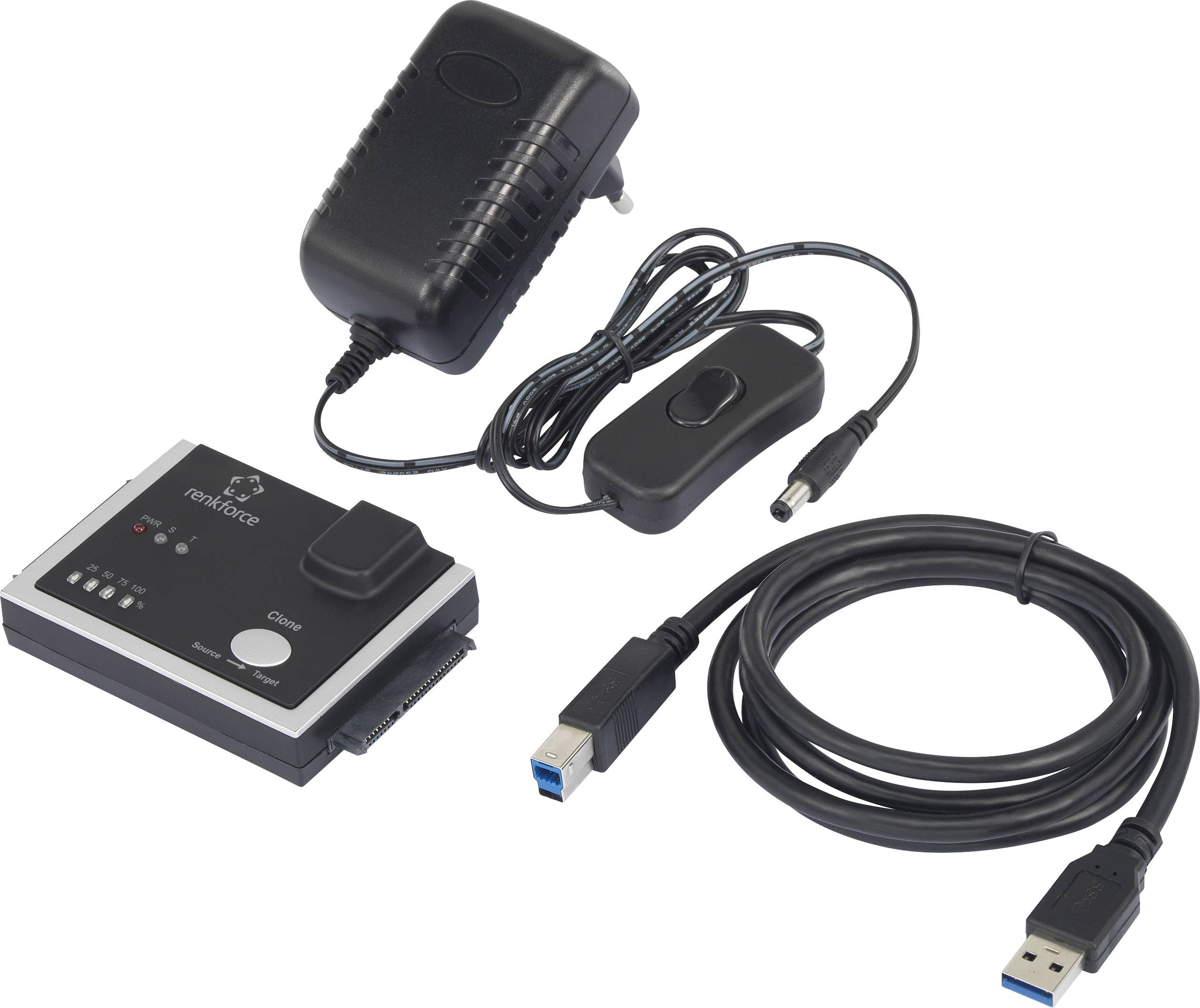 Ensemble d'adaptateurs avec bloc d'alimentation, interrupteur, adaptateur SATA/IDE et câble USB pour connecter des disques durs internes à des ordinateurs.