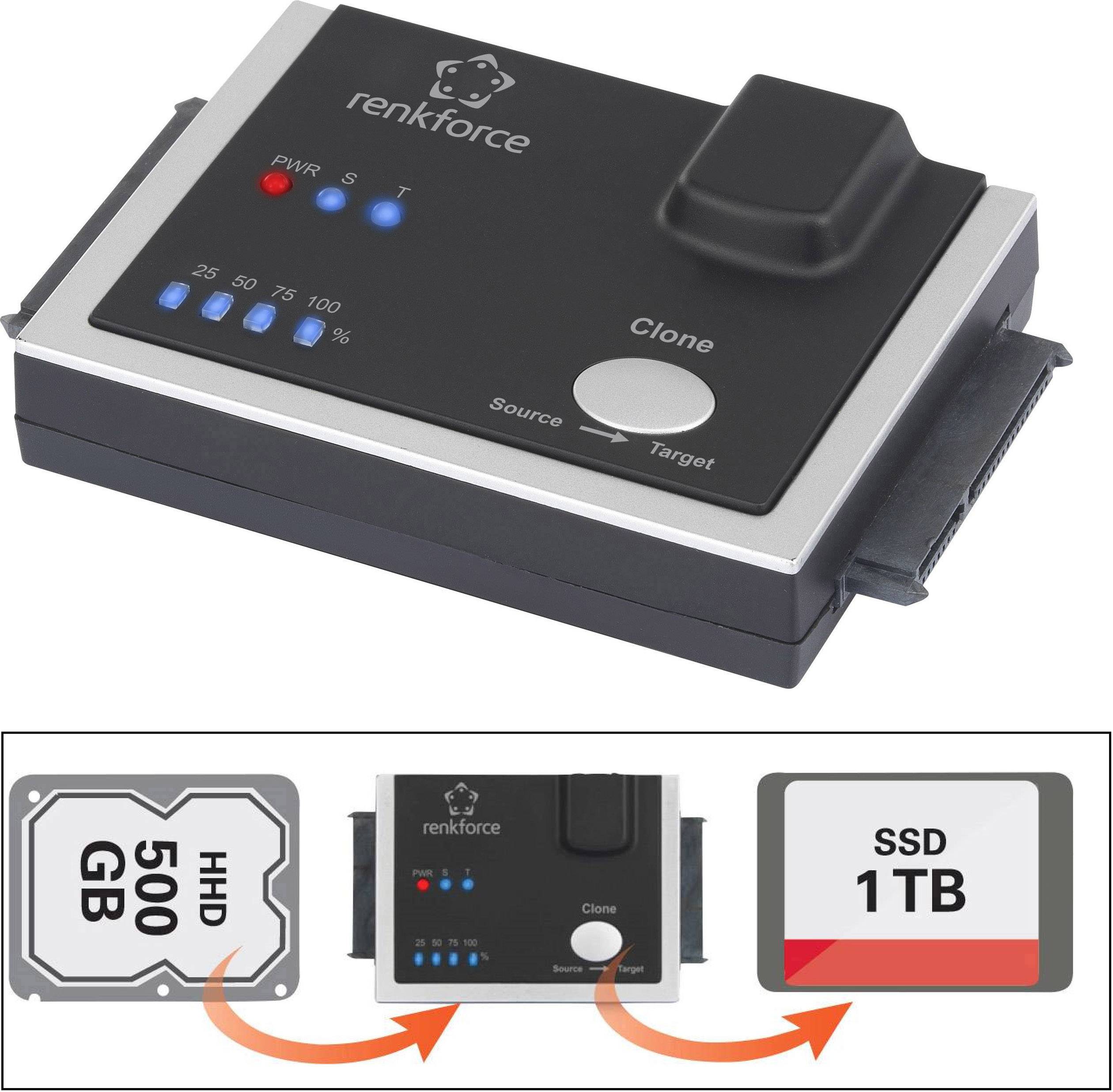 Duplicateur de disque dur copie de 'HDD 500 Go' vers 'SSD 1 To'. L'appareil indique l'état de progression en pourcentage à l'aide de LED.