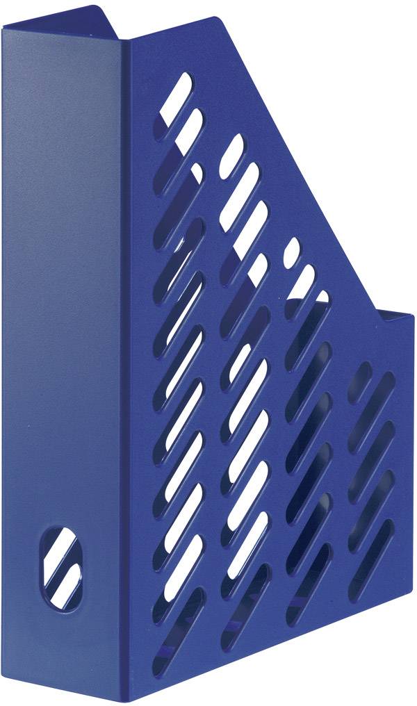 Classeur de bureau bleu en plastique avec des ouvertures grillagées inclinées, adapté au rangement des documents et des magazines.
