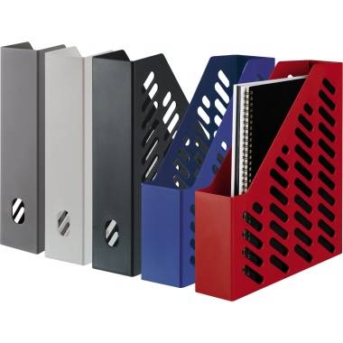 Plusieurs classeurs à levier de différentes couleurs : Gris, Noir, Bleu et Rouge, avec un cahier dans le classeur rouge. Idéal pour l'organisation de bureau.