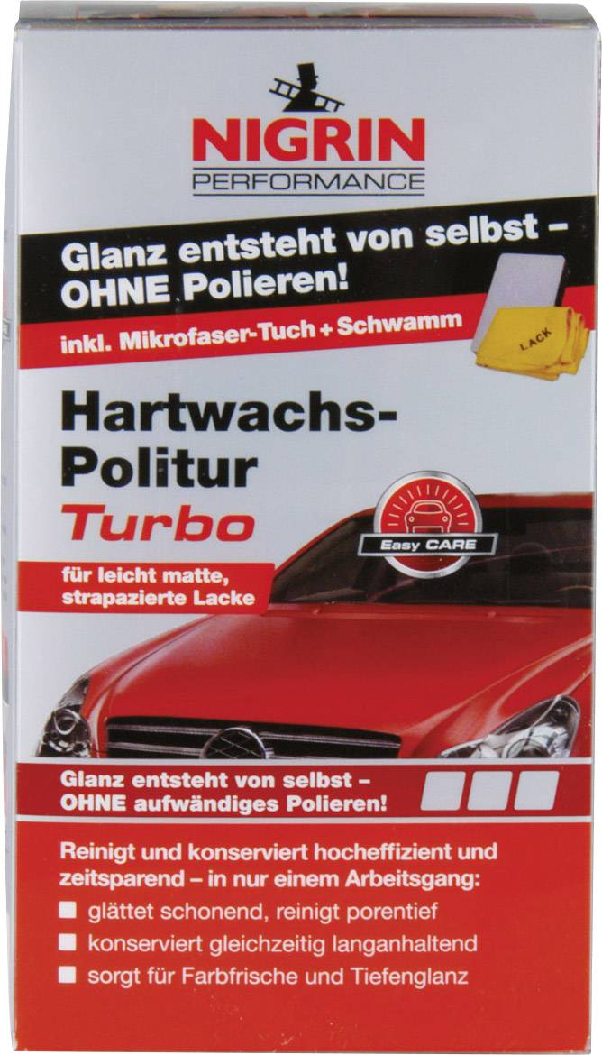 Emballage 'NIGRIN Polish à Cire Dure Turbo'. Contient un chiffon en microfibre et une éponge. Promet un brillant sans polissage, idéal pour les peintures mates.