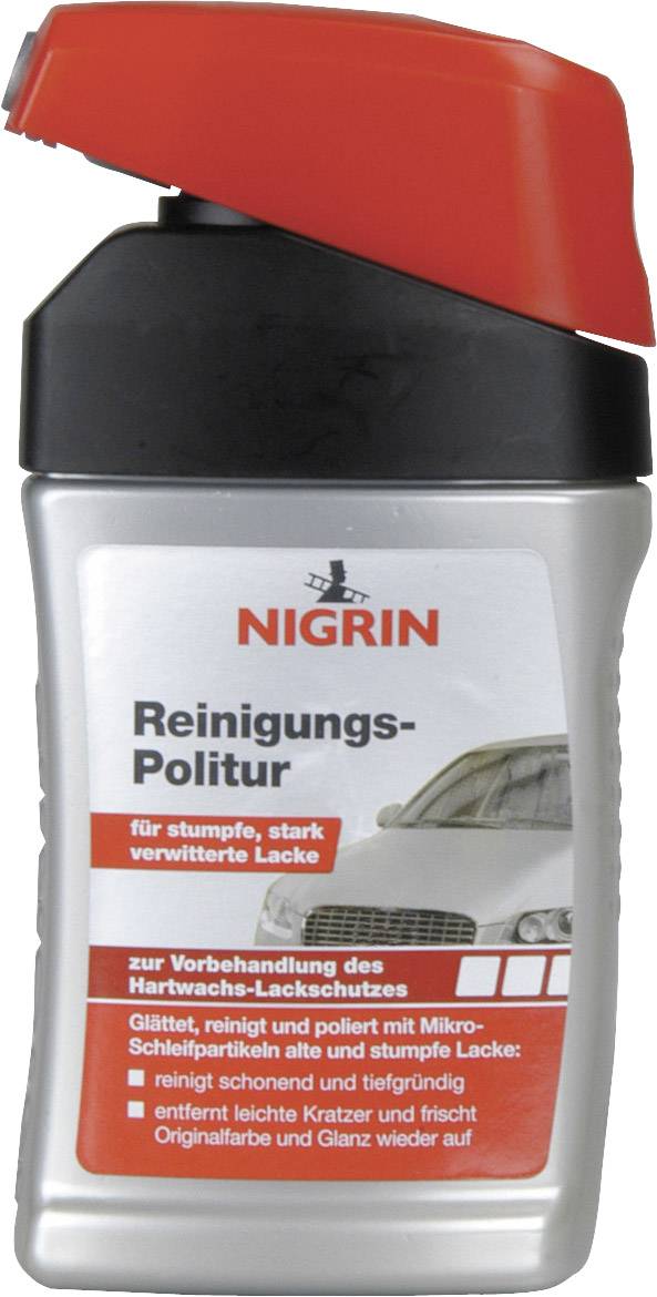 Bouteille de polish de nettoyage Nigrin pour peintures ternes et usées. Couvercle rouge. Le texte décrit le lissage et le nettoyage de la peinture.
