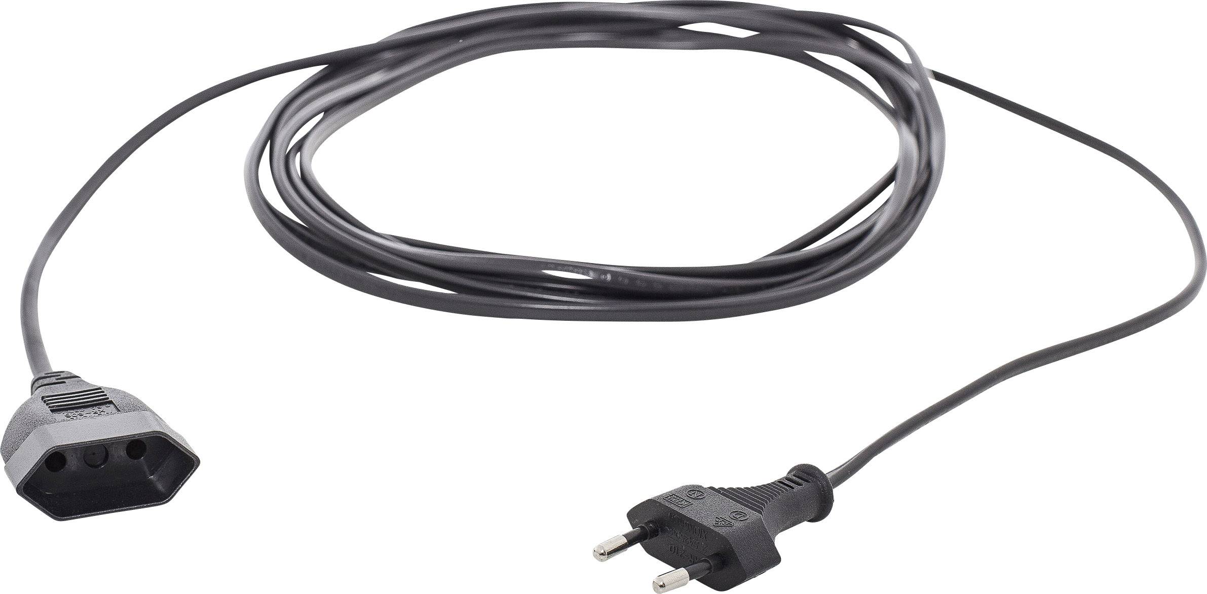 Un long câble électrique noir avec une fiche européenne et un connecteur rectangulaire. Adapté pour connecter des appareils électriques.