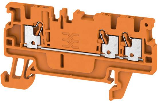 Bloc de connexion orange avec éléments métalliques, utilisé pour les connexions électriques. Contient deux ressorts pour la fixation des fils.