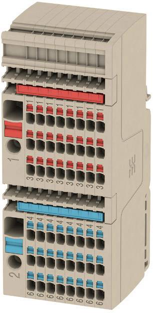 Un connecteur électrique modulaire avec des bornes de couleur, marquées en rouge et bleu, numérotées de 1 à 12.