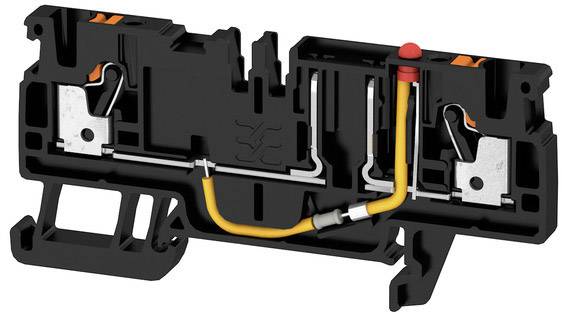 Un bornier électrique noir avec des détails oranges et un fil jaune connecté en interne. Il est utilisé pour le câblage.