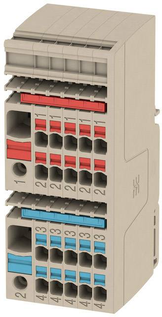 Un bloc de connexion à deux étages, gris, avec des bornes marquées en rouge et bleu pour le câblage sécurisé de composants électroniques.