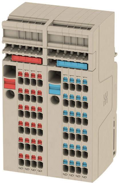 Un module gris avec plusieurs rangées de connexions marquées en rouge et en bleu, adapté pour le câblage et le contrôle industriels.